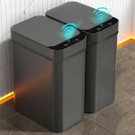 “Black 2pcs motion sensor smart trash cans – 11L, touchless, minimalist, perfect for home or kitchen.”